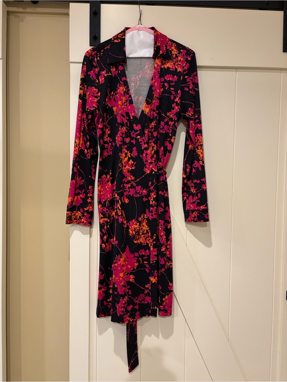 Floral Black Dress with Pink & Orange Print, wrap dress with tie at waist.